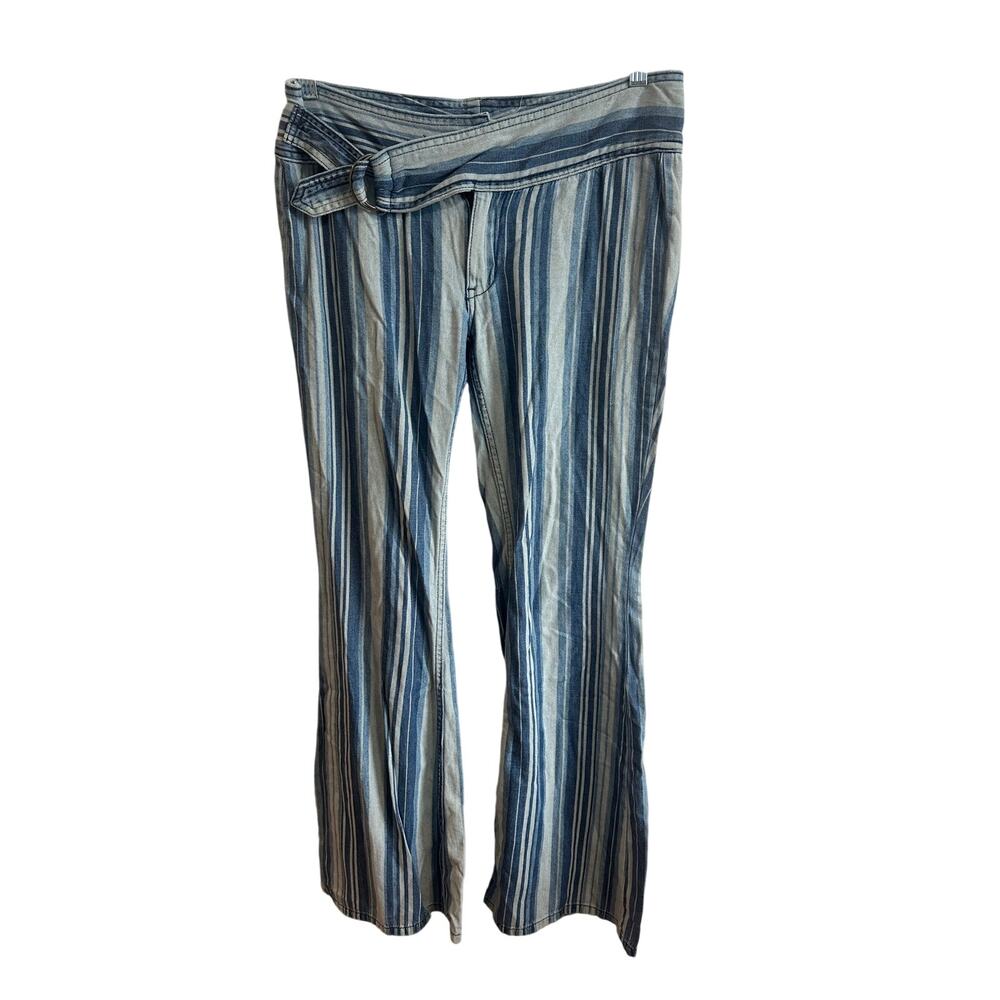 Free People Bell Bottoms Flare Jeans Sz 27 Blue Striped Belted 70s Style Nice! - Picture 2 of 8